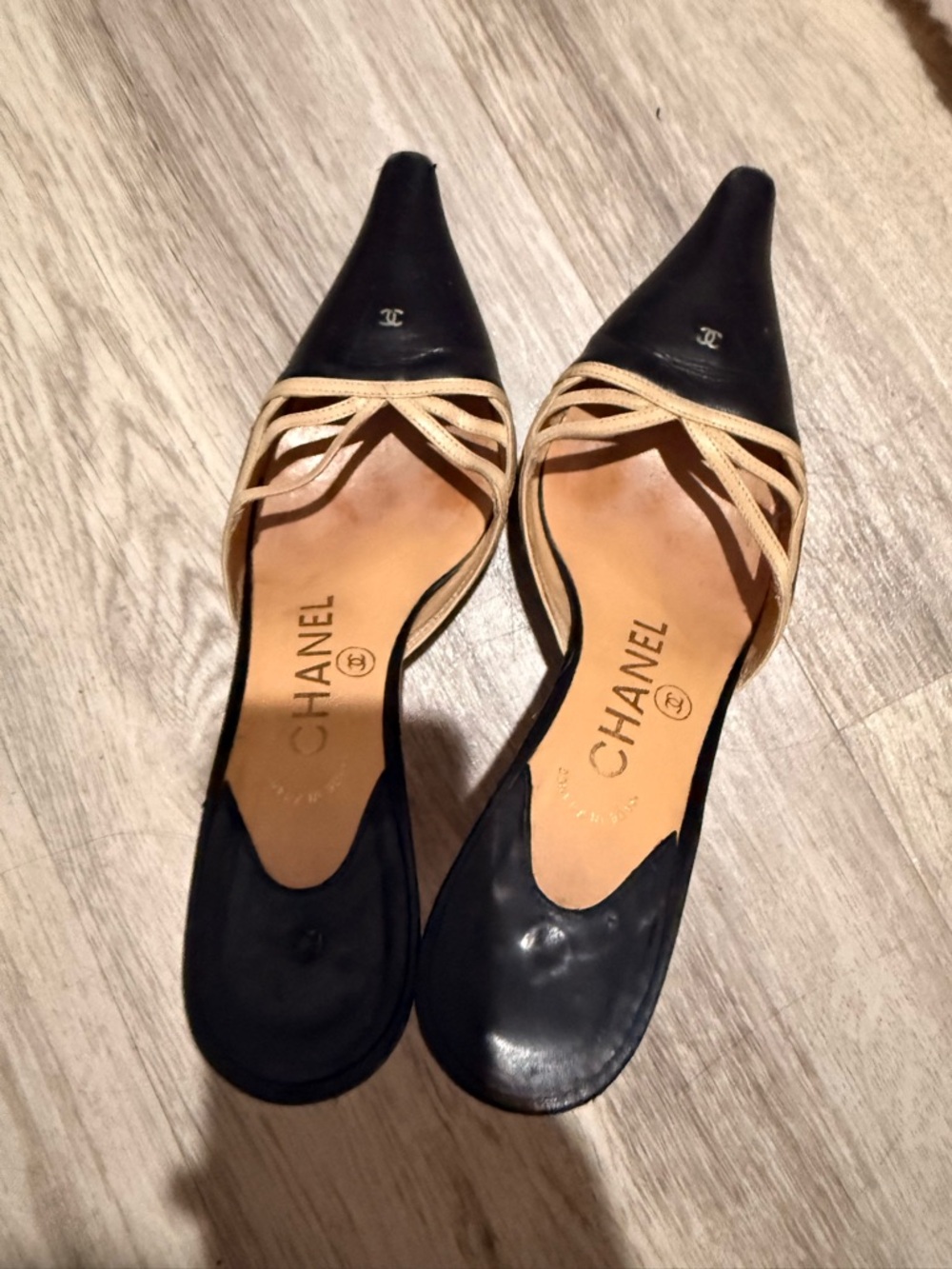 CHANEL Black and Beige Pointed Toe Slingback Mules